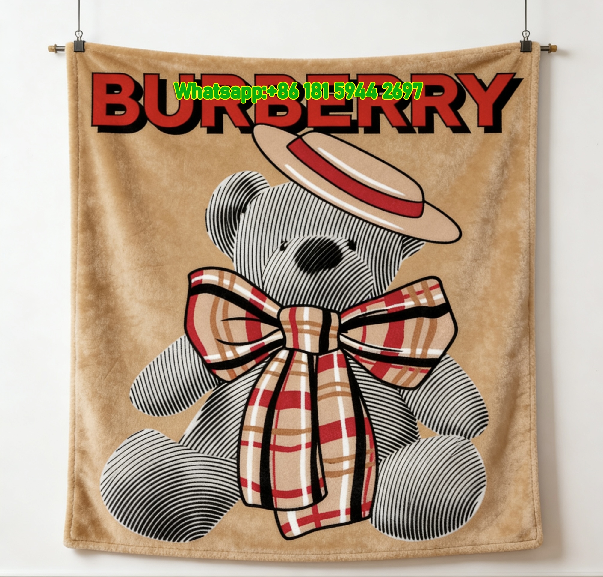 Burberry Check Bow Hat Teddy Bear Flannel Sofa Throw Blanket for Wall Decor B055